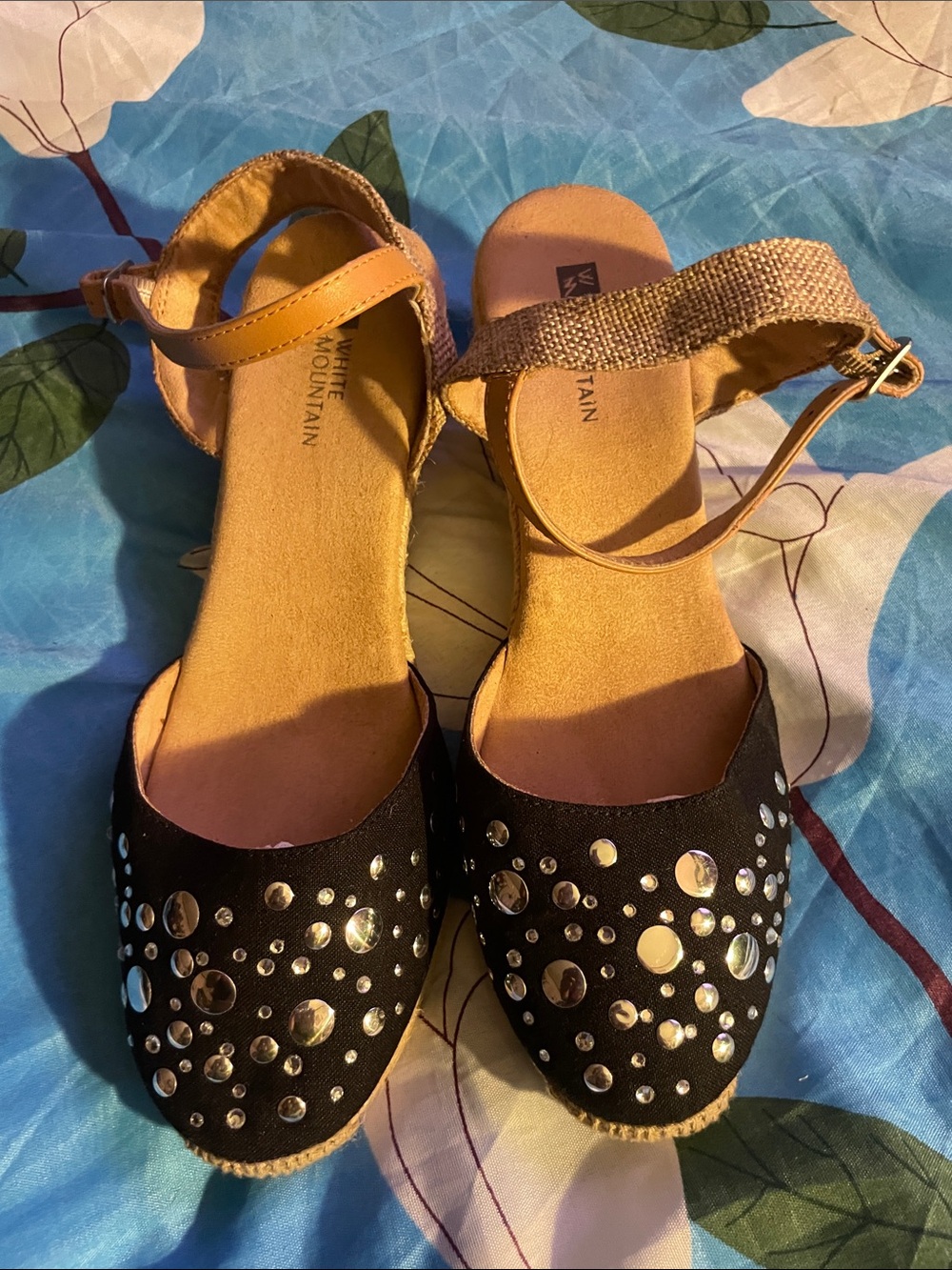 White Mountain Black Jeweled Ankle-Strap Espadrilles